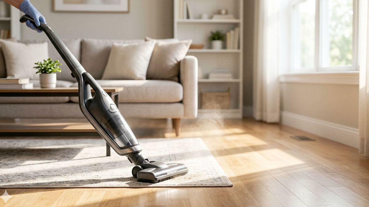 Vacuum Cleaning a Rug on a Hardwood floor in a bright living room
