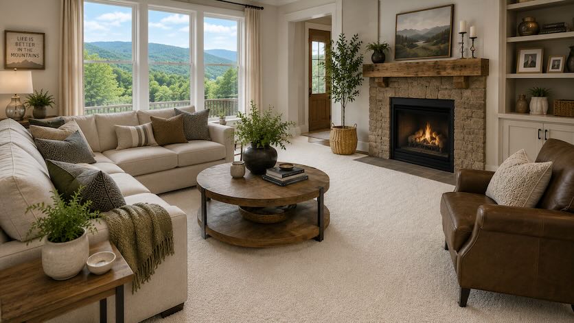 Living room with a mountain-town view through windows, sectional sofa, and fireplace, representing homes in Black Mountain