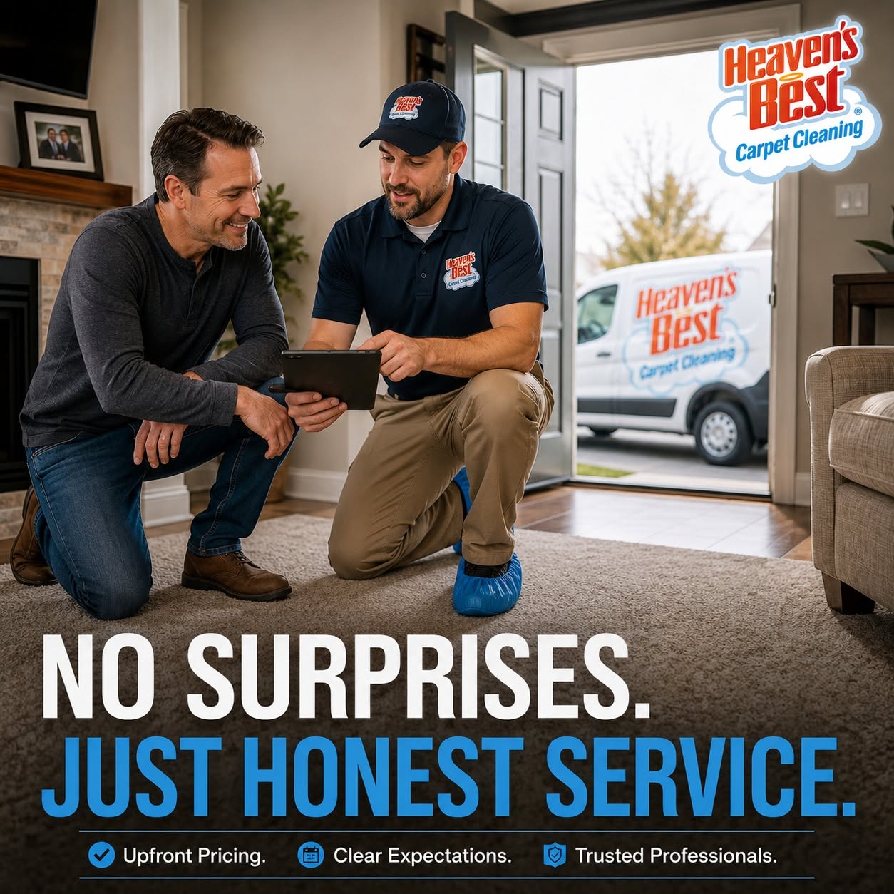 Heaven's Best technician reviewing results with a customer on a tablet at their front door, captioned "No surprises. Just honest service." Heaven's Best technician reviewing results with a customer on a tablet at their front door, captioned "No surprises. Just honest service."