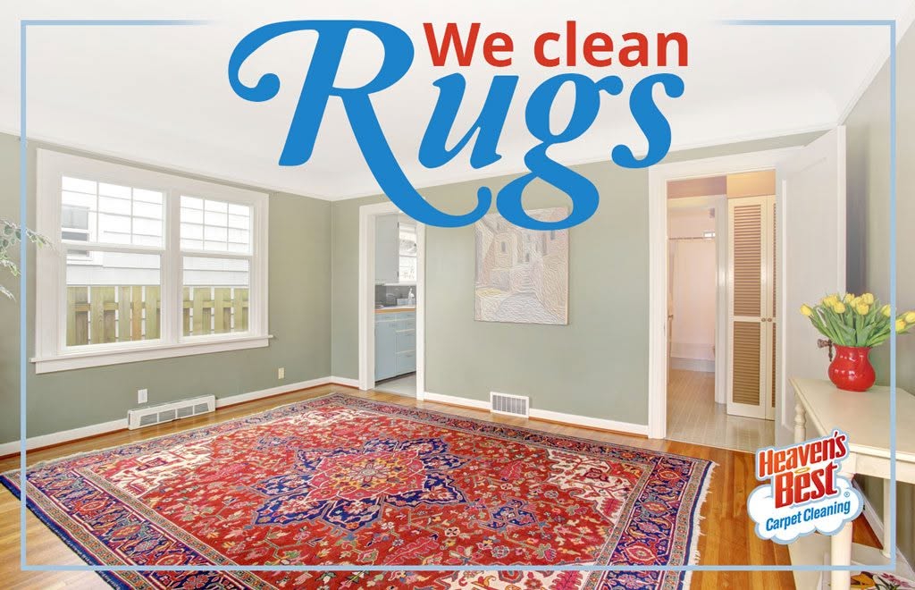 Graphic reading "We clean Rugs" over a photo of a red Persian rug in a light green living room