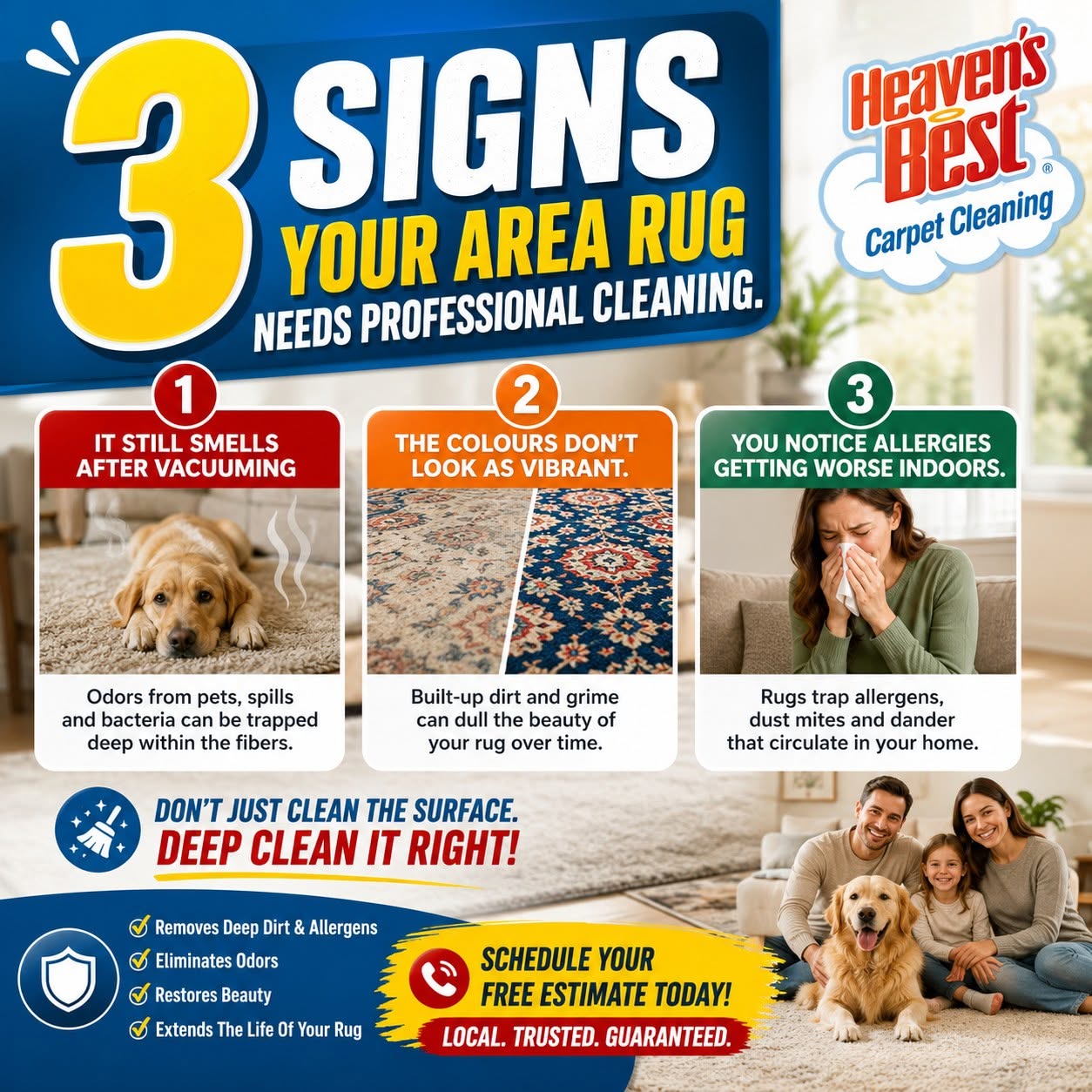 Infographic "3 Signs Your Area Rug Needs Professional Cleaning": odors after vacuuming, faded colors, and worsening allergies