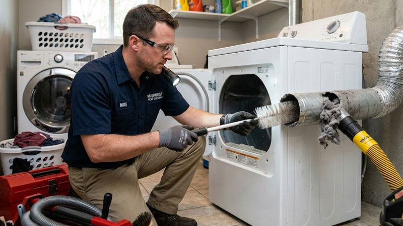 Man cleaning out dryer hose for lint. Using a dryer lint brush and suction device. Man cleaning out dryer hose for lint. Using a dryer lint brush and suction device.