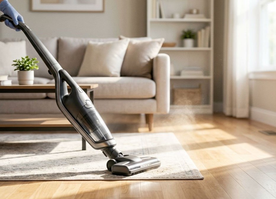Technician is vacuuming the area rug inside of a residential home.