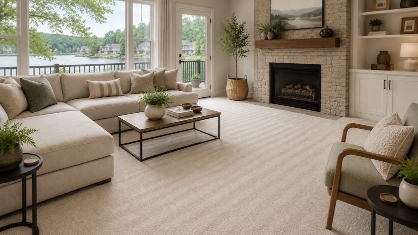Living room with a lakefront view through large windows, cream sectional sofa, and stone fireplace, representing homes in Biltmore Lake Living room with a lakefront view through large windows, cream sectional sofa, and stone fireplace, representing homes in Biltmore Lake
