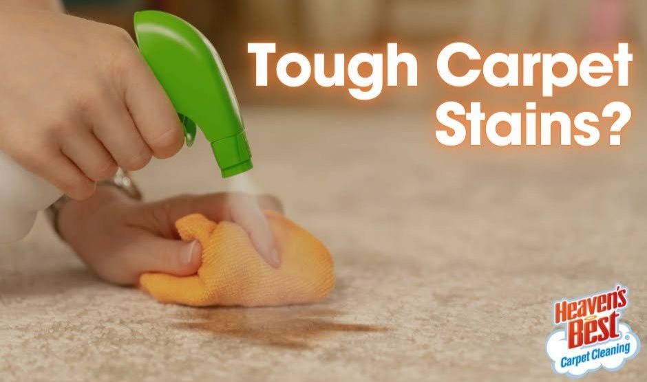 Graphic reading "Tough Carpet Stains?" showing a hand treating a carpet stain with a cleaning solution