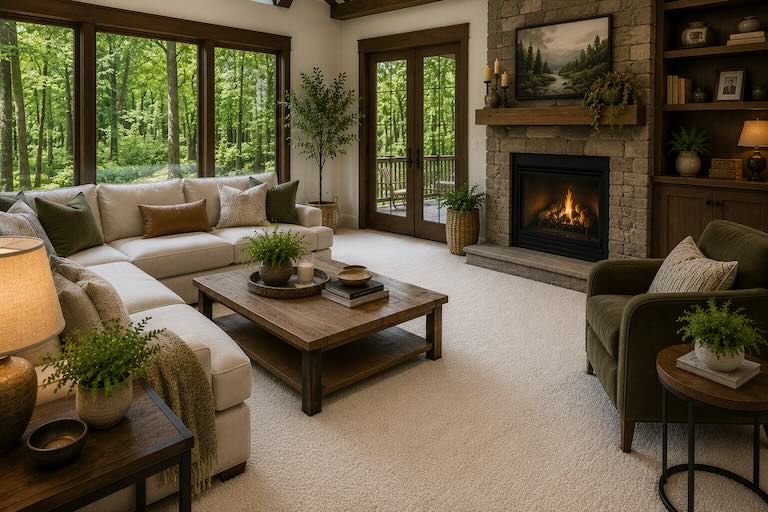 Living room with a wooded, forest-view window wall, sectional sofa, and stone fireplace, representing homes in Brevard Living room with a wooded, forest-view window wall, sectional sofa, and stone fireplace, representing homes in Brevard