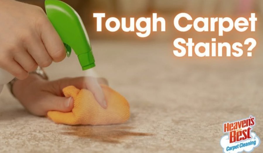 Graphic reading "Tough Carpet Stains?" showing a hand treating a carpet stain with a cleaning solution