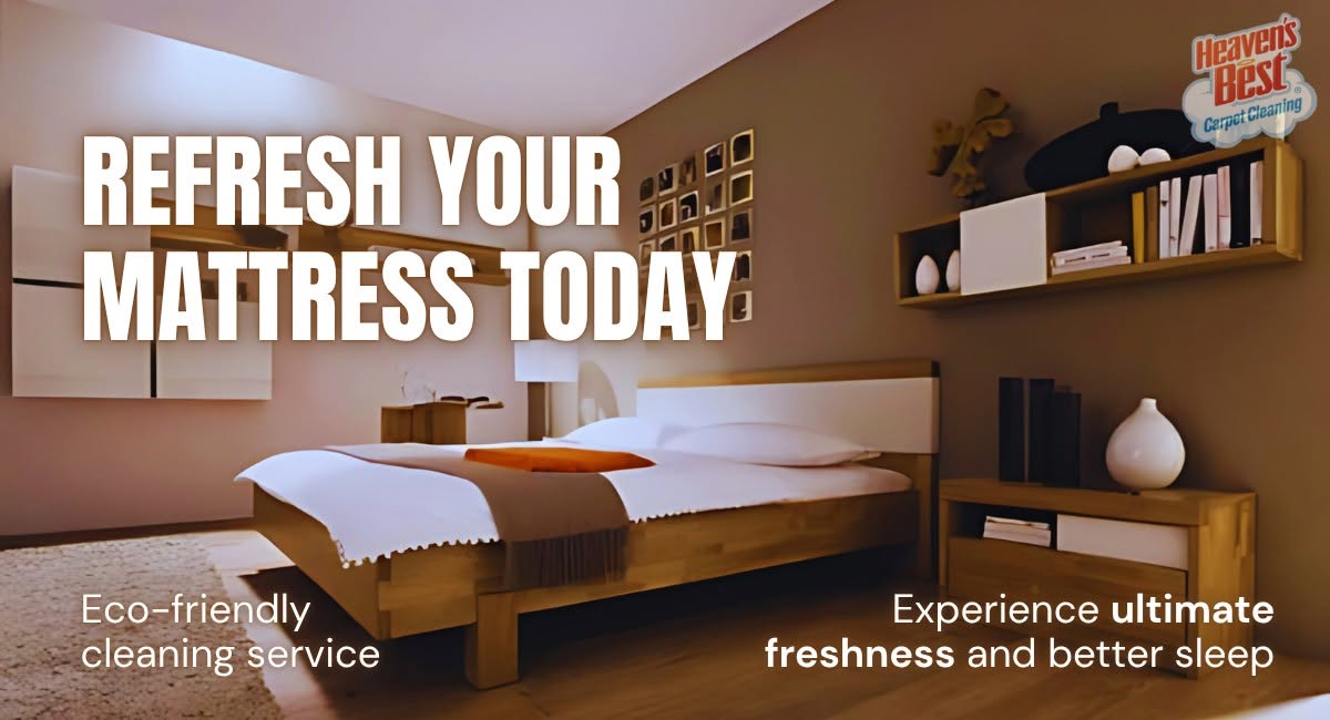 Graphic of a bedroom with a made bed reading "Refresh Your Mattress Today — eco-friendly cleaning, ultimate freshness and better sleep" Graphic of a bedroom with a made bed reading "Refresh Your Mattress Today — eco-friendly cleaning, ultimate freshness and better sleep"