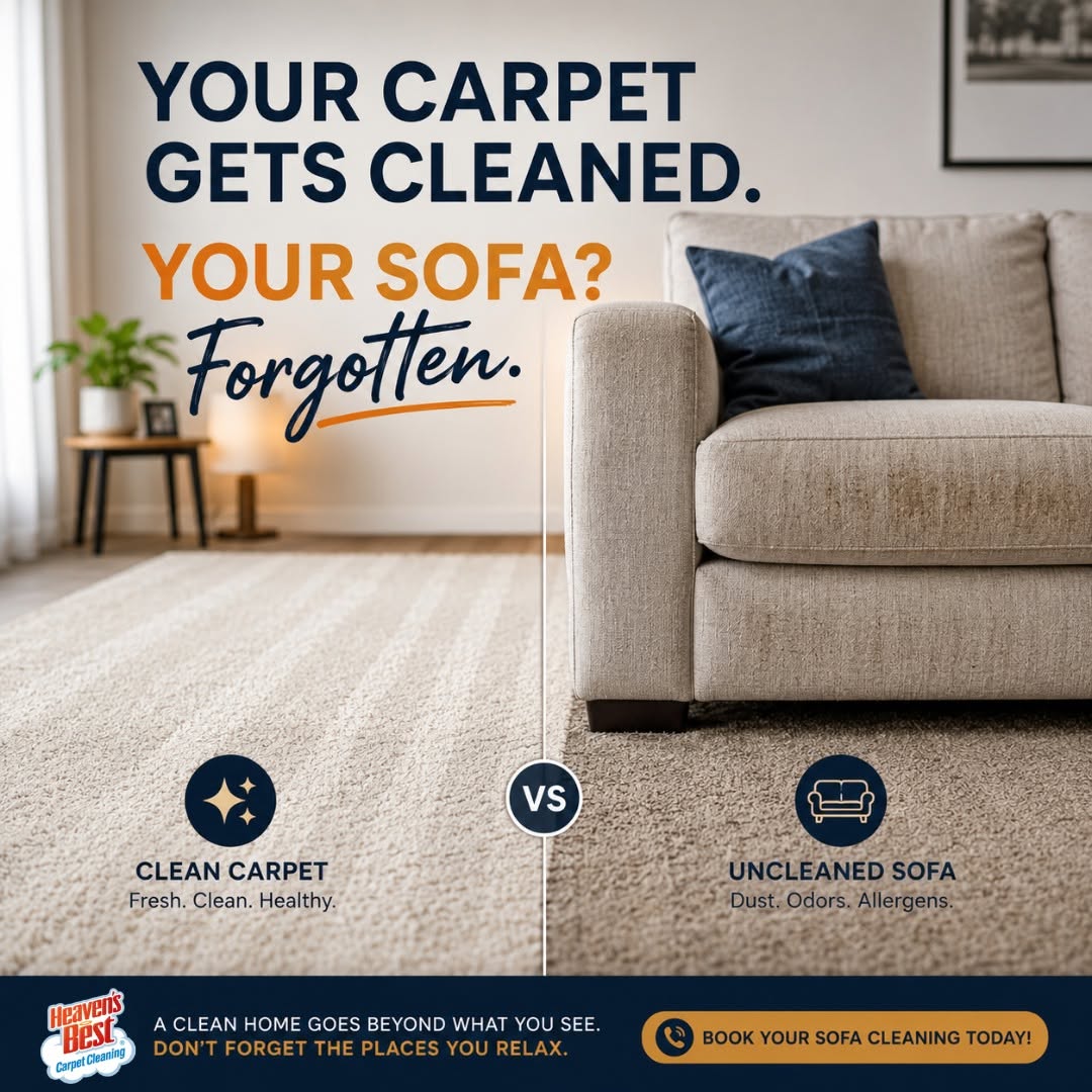 Graphic contrasting a clean carpet with an "uncleaned sofa," reading "Your carpet gets cleaned. Your sofa? Forgotten." Graphic contrasting a clean carpet with an "uncleaned sofa," reading "Your carpet gets cleaned. Your sofa? Forgotten."