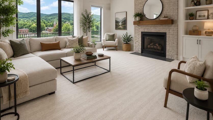 Living room with a mountain-town view through windows, sectional sofa, and fireplace, representing homes in Hendersonville Living room with a mountain-town view through windows, sectional sofa, and fireplace, representing homes in Hendersonville