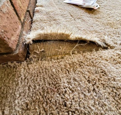 Carpet before repair, tattered and ripped. 