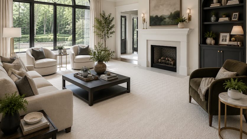 Upscale living room with tall black-framed windows, a white fireplace, and designer furnishings, representing homes in Fletcher