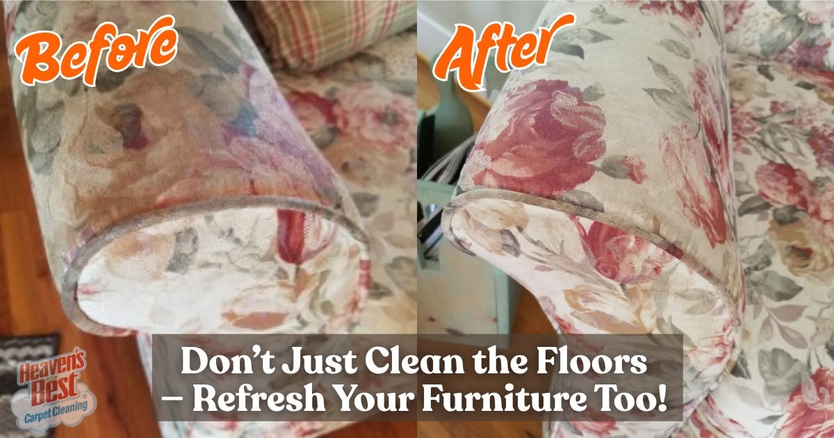 Before-and-after photo of a floral cushion, with text reading "Don't just clean the floors — refresh your furniture too!" Before-and-after photo of a floral cushion, with text reading "Don't just clean the floors — refresh your furniture too!"