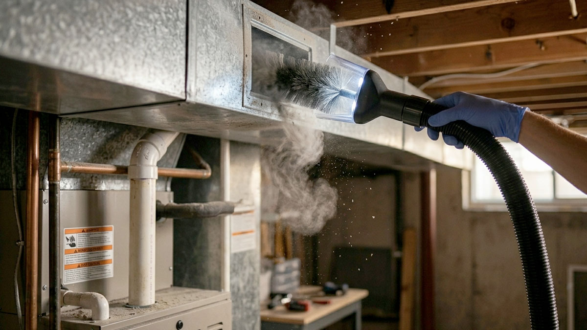 Technician is using a vacuum system to remove dust and debris from the Air Ducts of a residential home space. Technician is using a vacuum system to remove dust and debris from the Air Ducts of a residential home space.