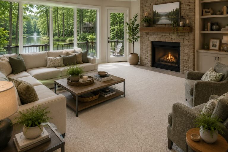 Living room with a lake and forest view through floor-to-ceiling windows, representing homes in Connestee Falls Living room with a lake and forest view through floor-to-ceiling windows, representing homes in Connestee Falls