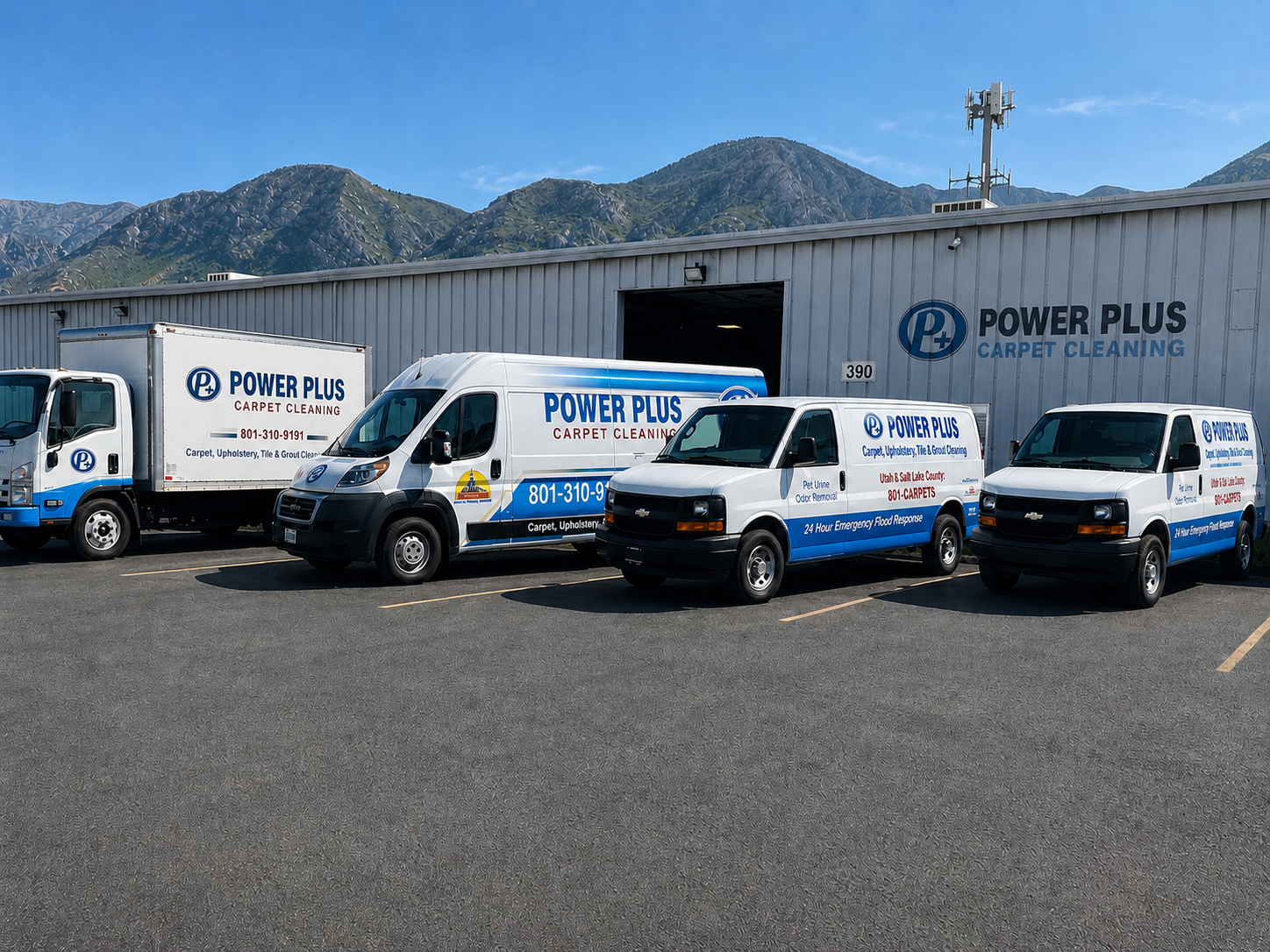 a group of white and blue vans in a parking lot a group of white and blue vans in a parking lot