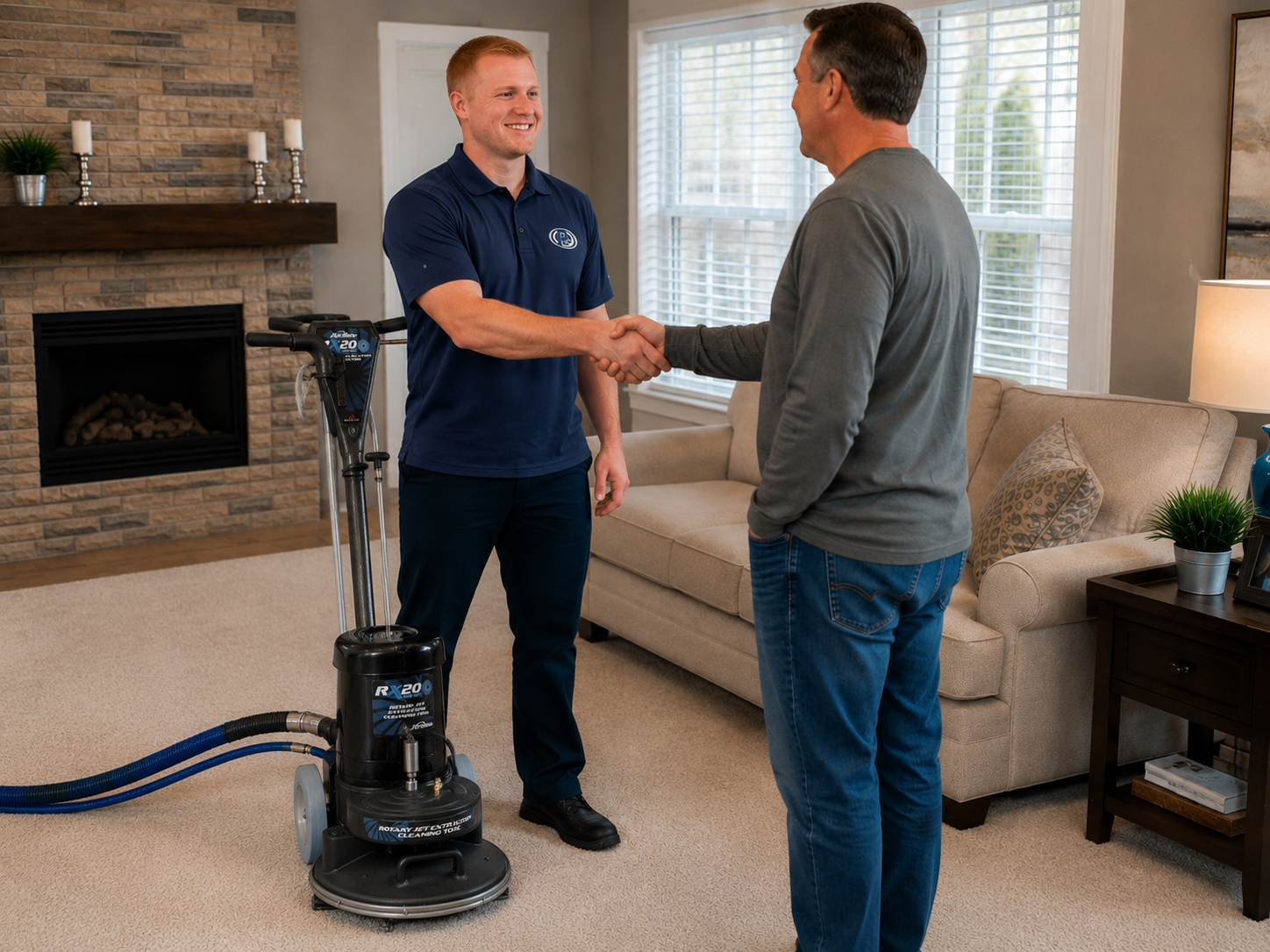 a man shaking hands with another man in a living room a man shaking hands with another man in a living room