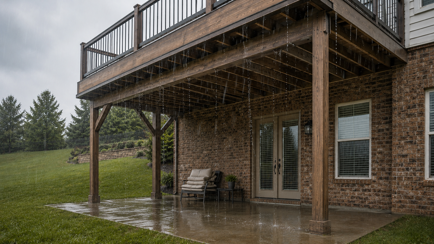 Rain falling through an elevated deck onto an uncovered patio before an under-deck drainage system is installed. Rain falling through an elevated deck onto an uncovered patio before an under-deck drainage system is installed.