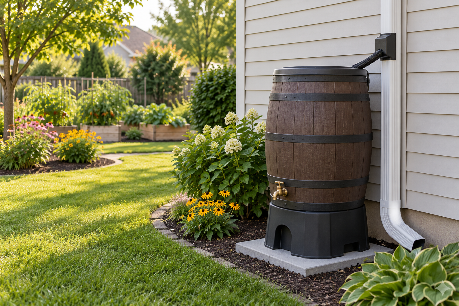 Oak-style rain barrel connected beside a landscaped home