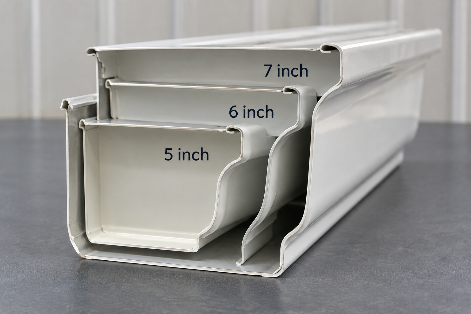 Nested examples of 5-inch, 6-inch, and 7-inch K-style gutters