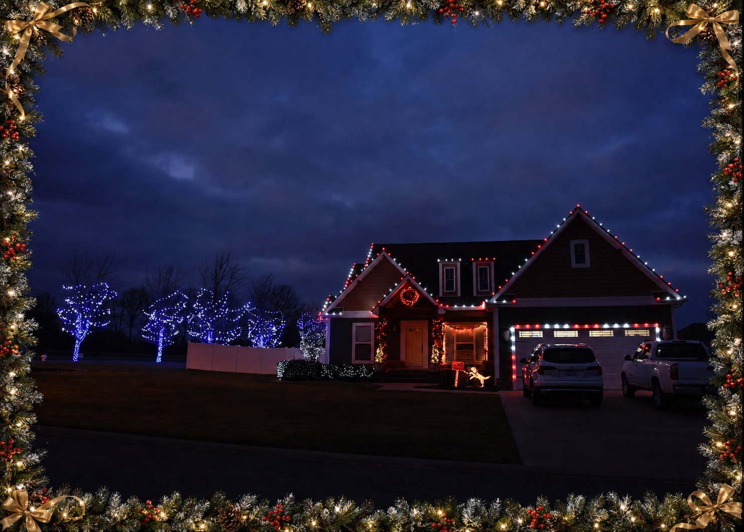 Beautiful home decorated in a candy cane pattern and wrapped trees for christmas