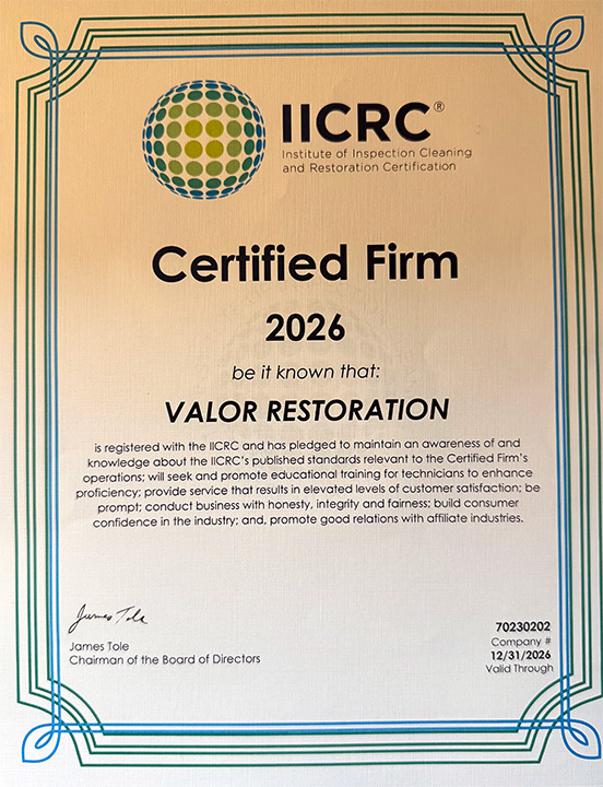 IICRC-certified through the Institute of Inspection Cleaning and Restoration Certification | Valor Restoration