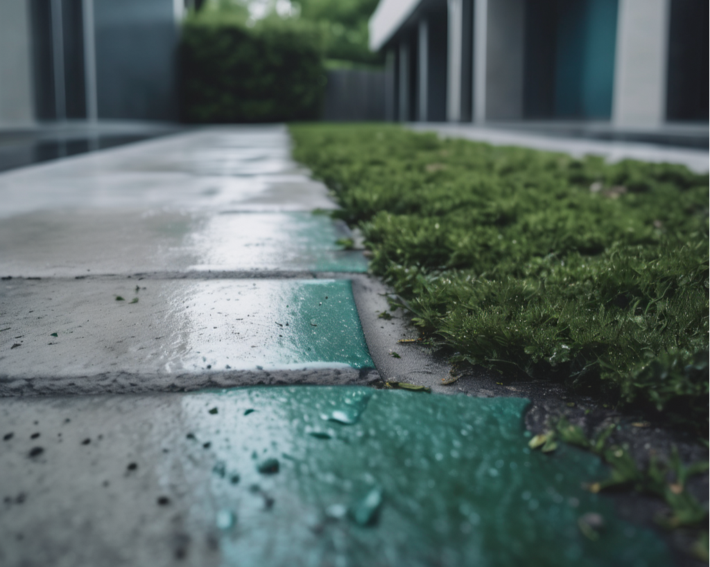 Freshly power washed wet pathway alongside a trimmed hedge Freshly power washed wet pathway alongside a trimmed hedge