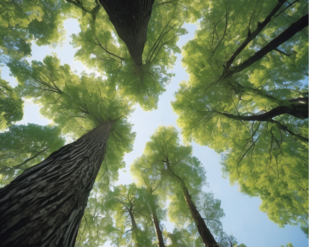 Upward view through tall tree trunks and canopy toward the sky Upward view through tall tree trunks and canopy toward the sky