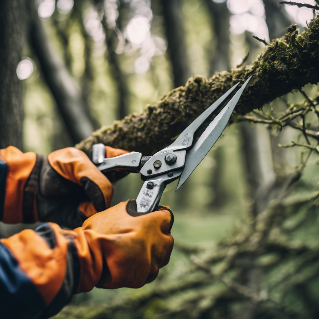 Gloved hands using pruning shears to cut a branch for clearance pruning Gloved hands using pruning shears to cut a branch for clearance pruning