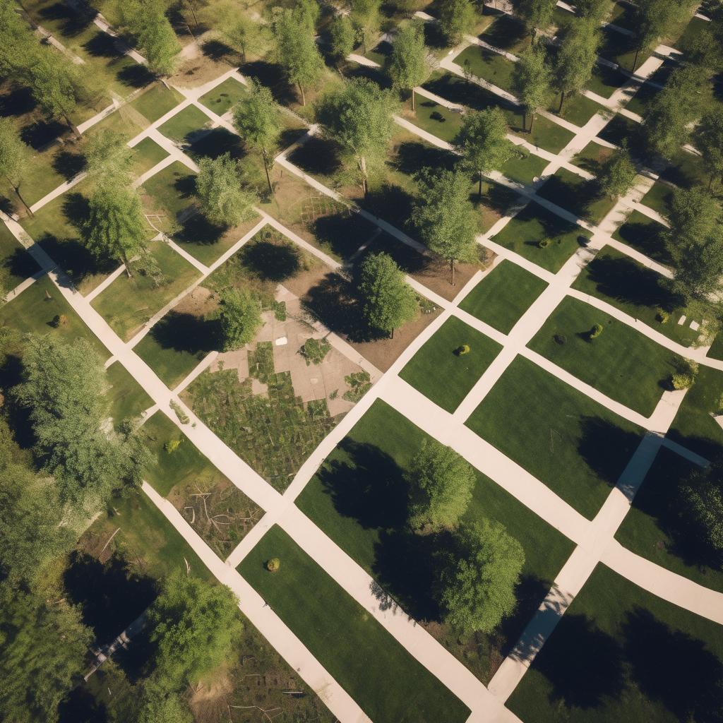 Aerial view of a neighborhood grid with trees for tree maintenance planning Aerial view of a neighborhood grid with trees for tree maintenance planning