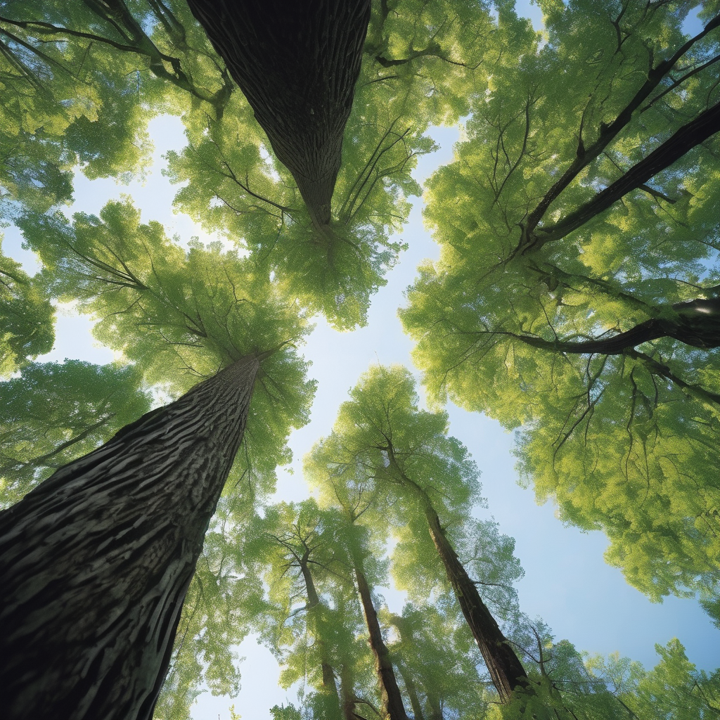 View looking up at tall tree canopy from the forest floor View looking up at tall tree canopy from the forest floor