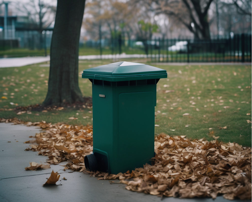 Trash bin surrounded by fallen autumn leaves on the ground Trash bin surrounded by fallen autumn leaves on the ground