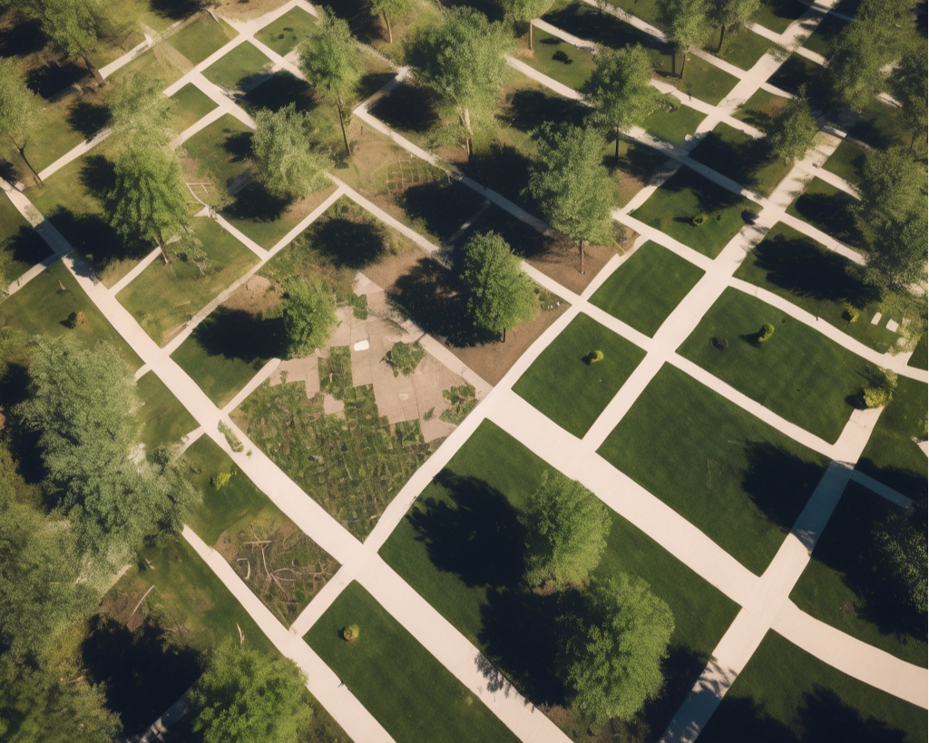 Aerial view of landscaped grounds with paths and trees for project planning Aerial view of landscaped grounds with paths and trees for project planning