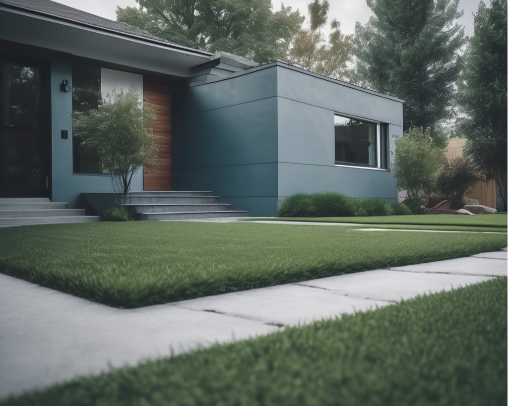 Modern home exterior with freshly renovated green lawn Modern home exterior with freshly renovated green lawn