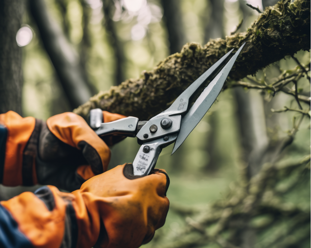 Hand using pruning shears to trim a tree branch Hand using pruning shears to trim a tree branch