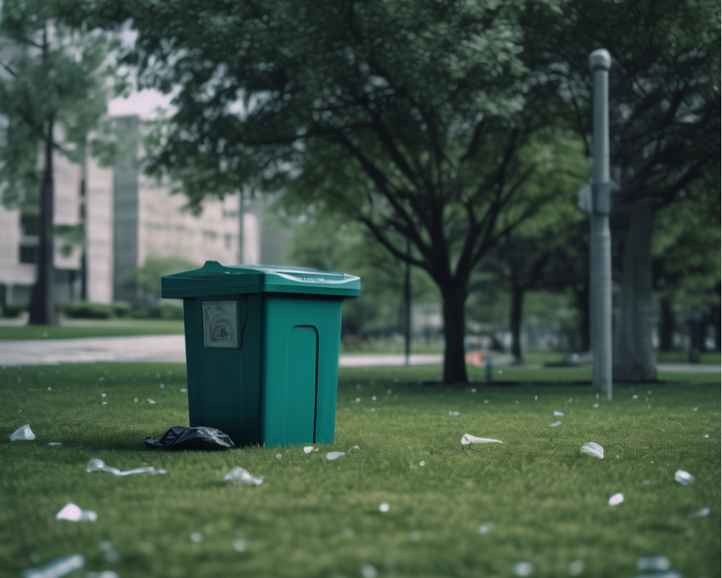 Outdoor trash bin on a grassy area near a parking lot Outdoor trash bin on a grassy area near a parking lot