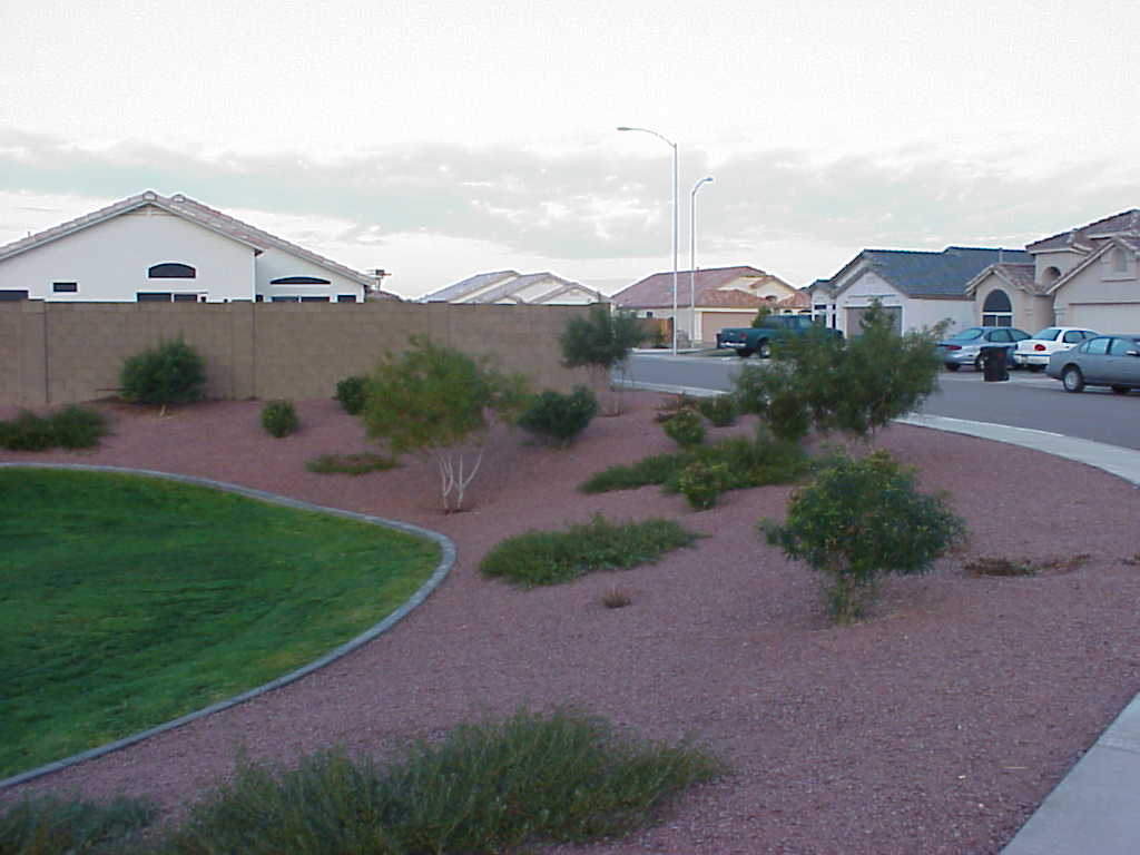 Red rock planting bed with shrubs curving along the sidewalk in front of HOA homes Red rock planting bed with shrubs curving along the sidewalk in front of HOA homes