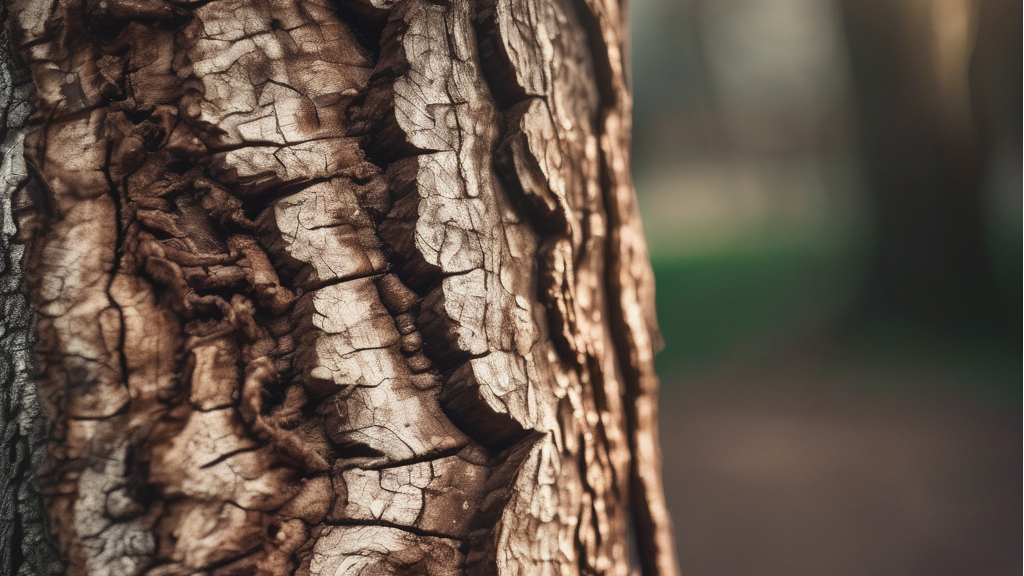Close-up of the rough bark on a mature tree trunk, with green lawn blurred behind it Close-up of the rough bark on a mature tree trunk, with green lawn blurred behind it