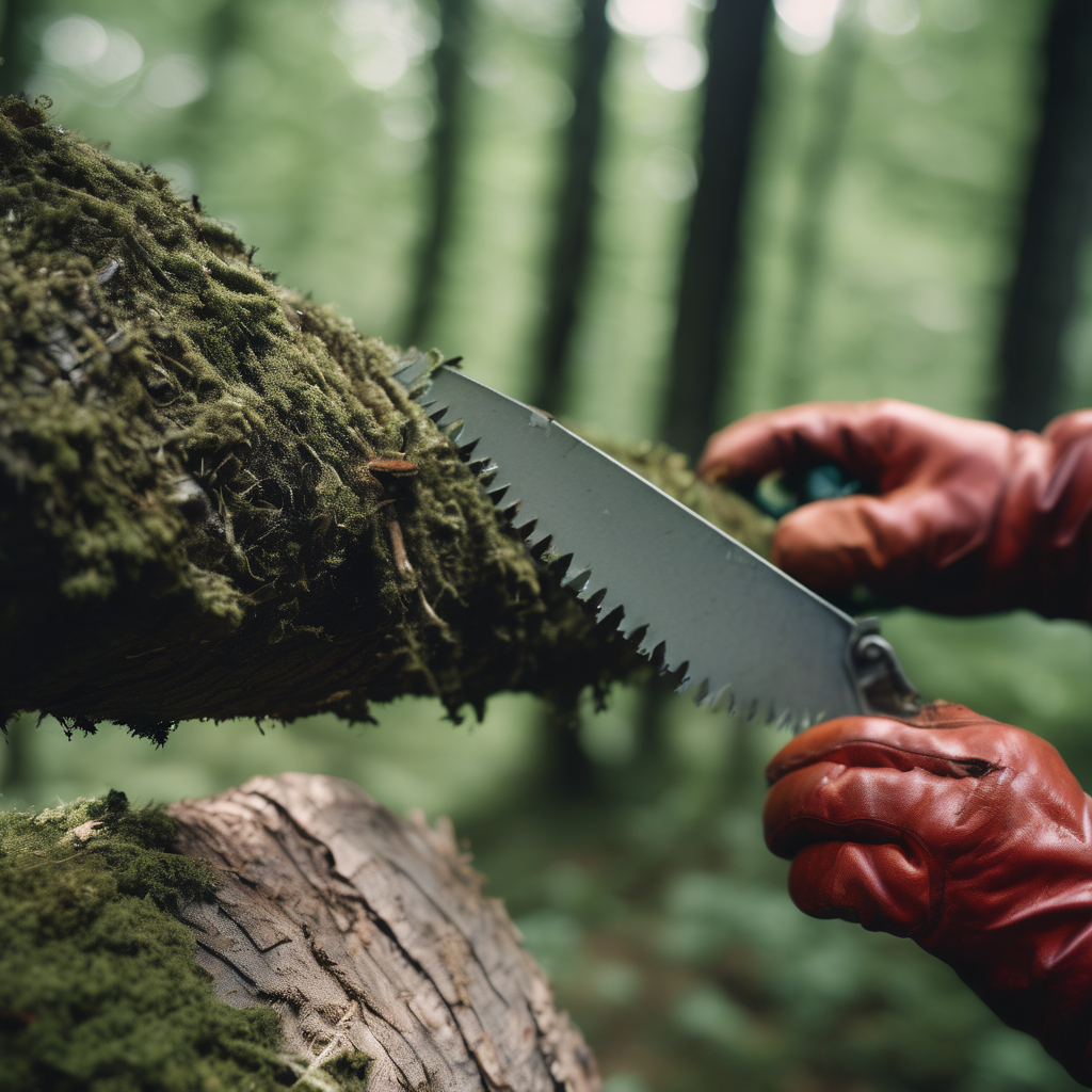 Close-up of hand sawing a tree branch for structural pruning Close-up of hand sawing a tree branch for structural pruning
