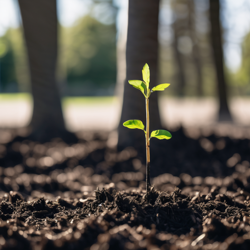 Small seedling sprouting from soil representing young tree care Small seedling sprouting from soil representing young tree care