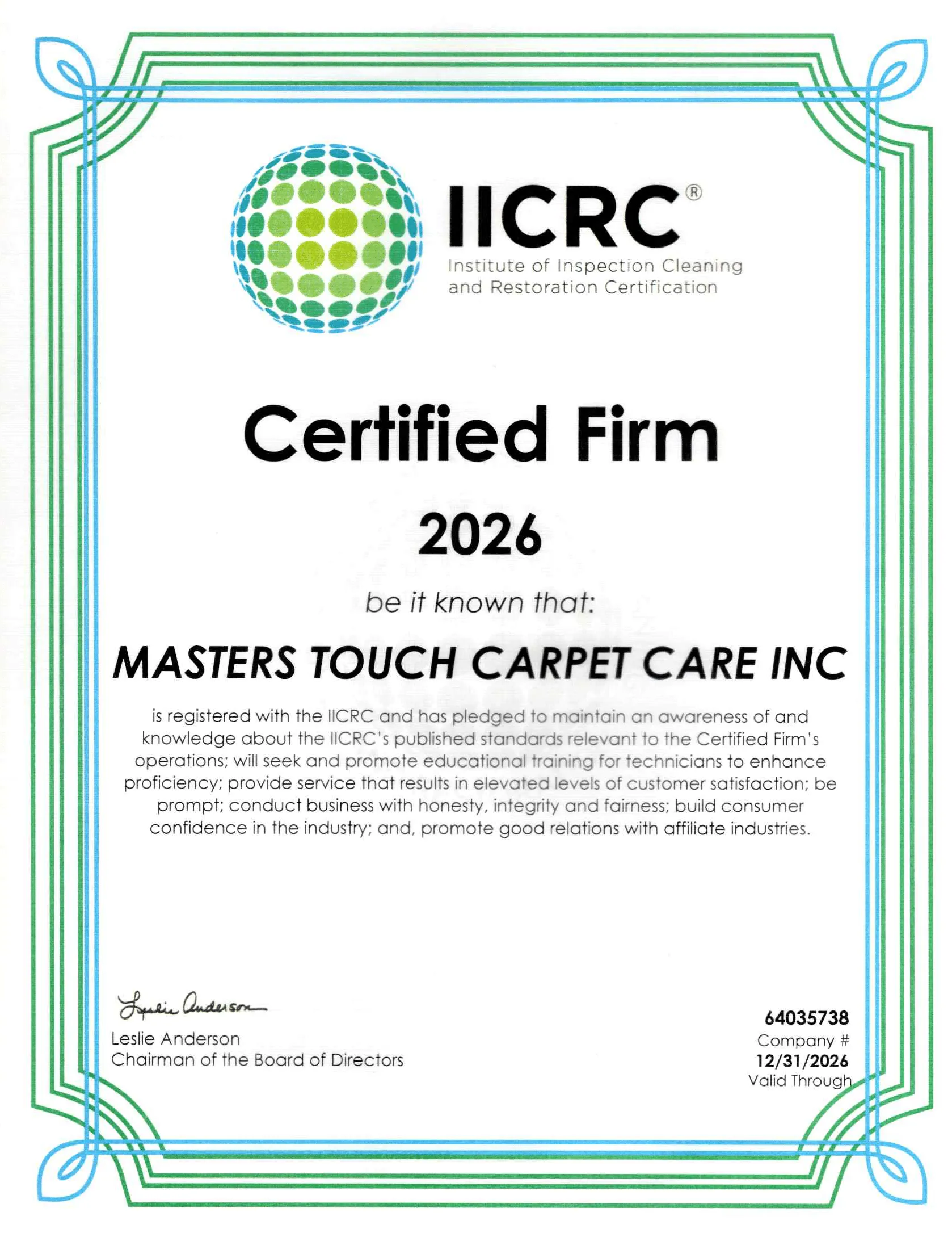 IICRC certified firm - Masters Touch Carpet Care IICRC certified firm - Masters Touch Carpet Care