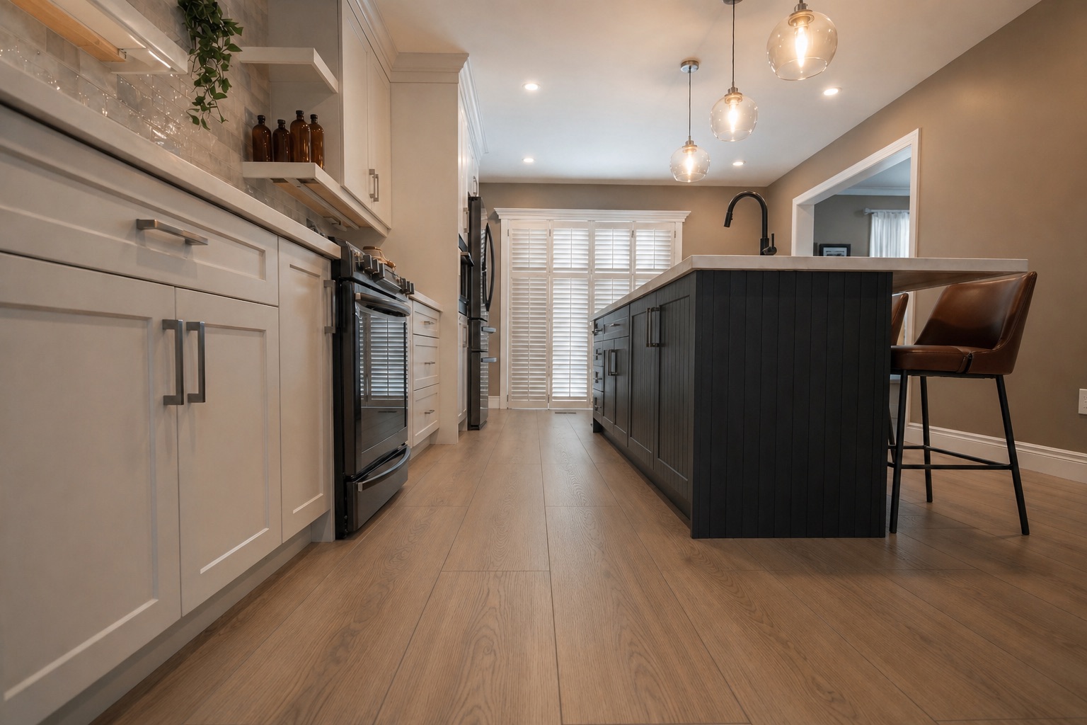 Luxury vinyl plank flooring in neutral tones installed in home living area