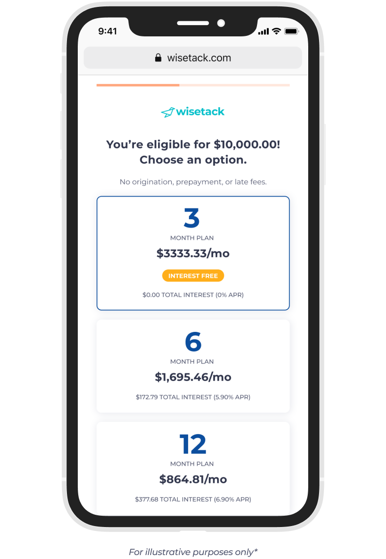 Sample view of Wisetack Financing Options on a cell phone screen Sample view of Wisetack Financing Options on a cell phone screen
