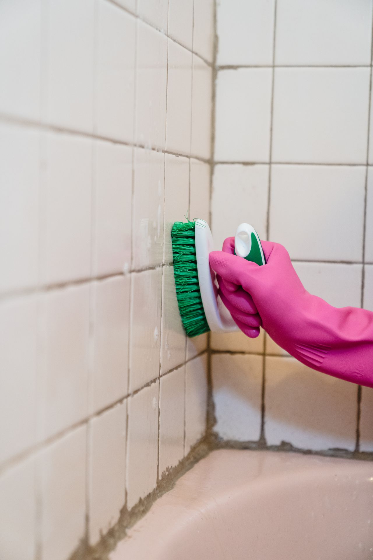 Pink-gloved hand scrubbing the grout lines between white shower tiles with a green brush