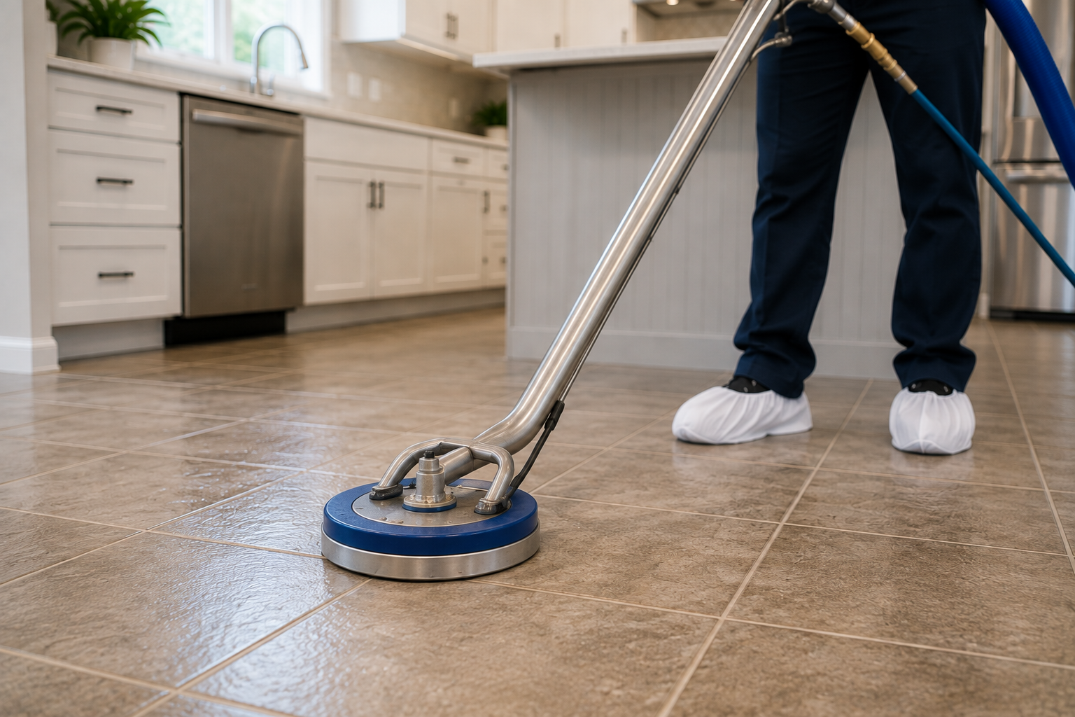 a person cleaning a tile floor
