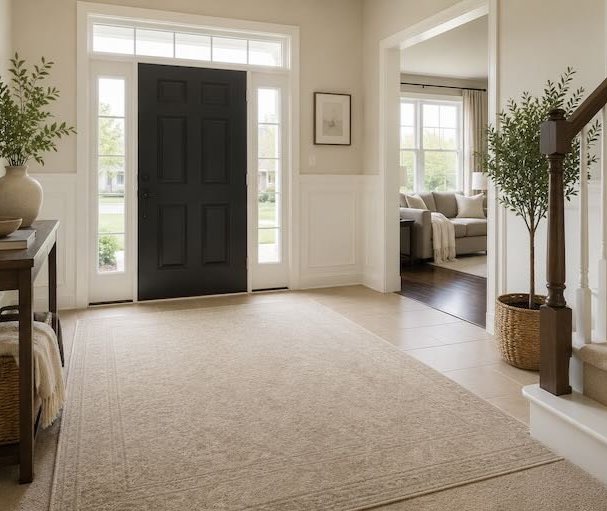 Bright home entryway with a black front door, potted olive trees and clean neutral carpet