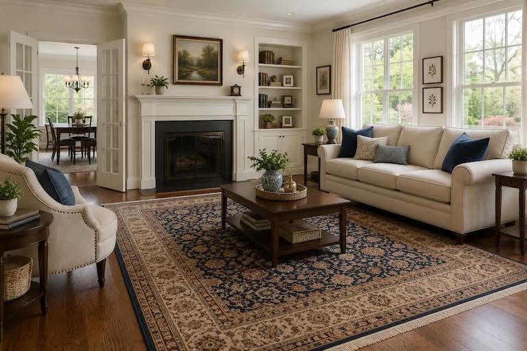 Living room with beige couches and a blue and white Persian Rug in Weston, MA. Living room with beige couches and a blue and white Persian Rug in Weston, MA.