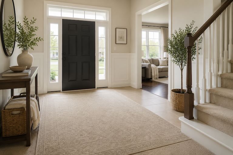 Bright entryway with a tan Persian rug in Templeton, MA. Bright entryway with a tan Persian rug in Templeton, MA.