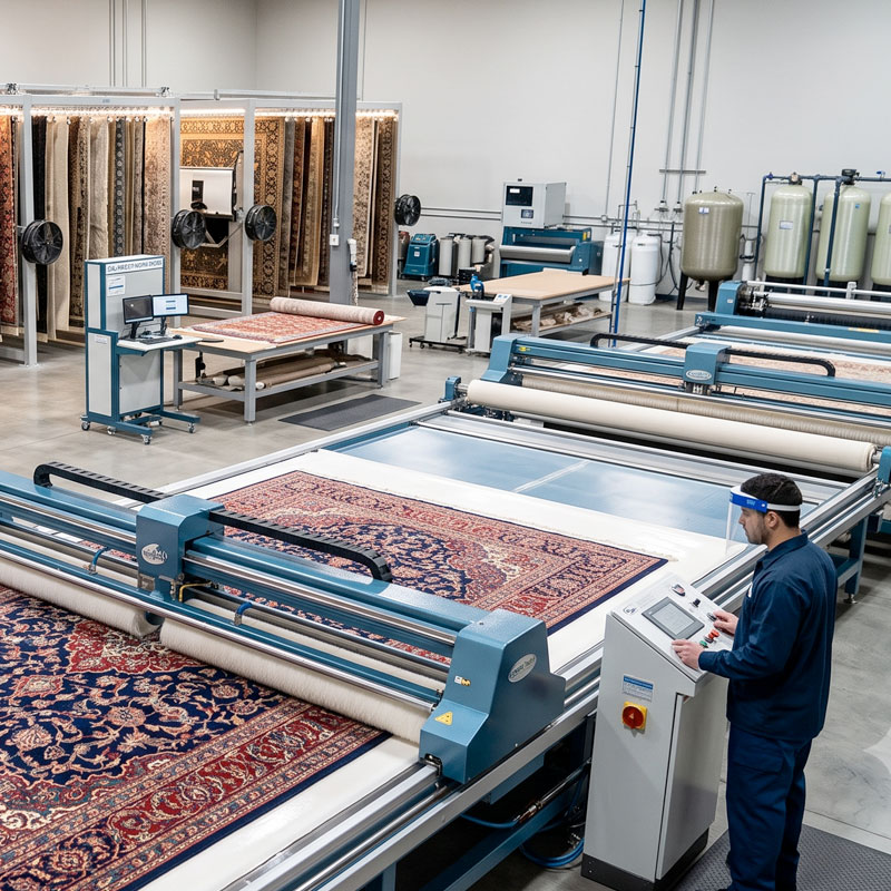 Technician feeding an oriental rug through the large blue industrial washing machine in the plant Technician feeding an oriental rug through the large blue industrial washing machine in the plant