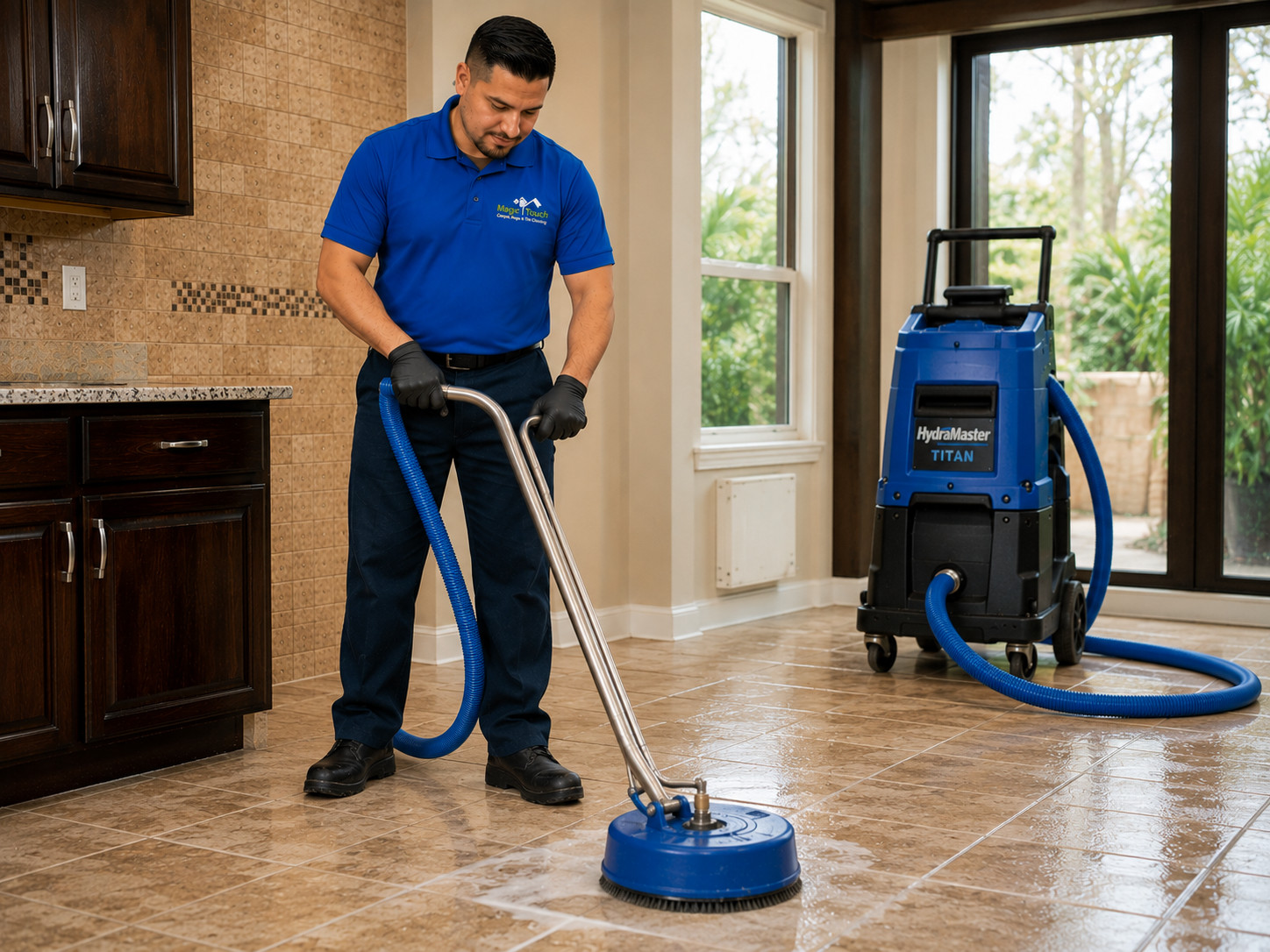 Uniformed cleaning technician operating a rotary tile scrubber connected to a blue truck-mount style extraction unit in a sunlit tile-floored room. Uniformed cleaning technician operating a rotary tile scrubber connected to a blue truck-mount style extraction unit in a sunlit tile-floored room.